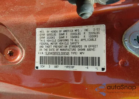 2003 Honda Element Ex from USA, damaged, VIN 5J6YH28553L009345